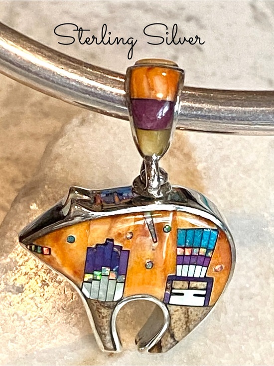 Jewelry - Sterling Silver Micro Inlay Bear Reversible Pendant, Southwestern Style Design
